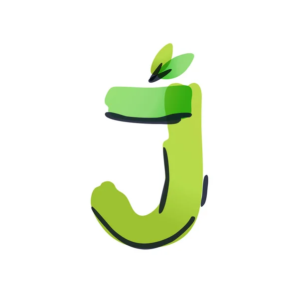 J lettera ecologia logo con foglie verdi scritto a mano con un pennarello . — Vettoriale Stock