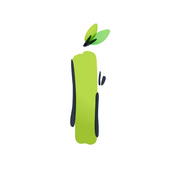 Carta I logotipo ecologia com folhas verdes manuscritas com uma caneta de feltro . — Vetor de Stock