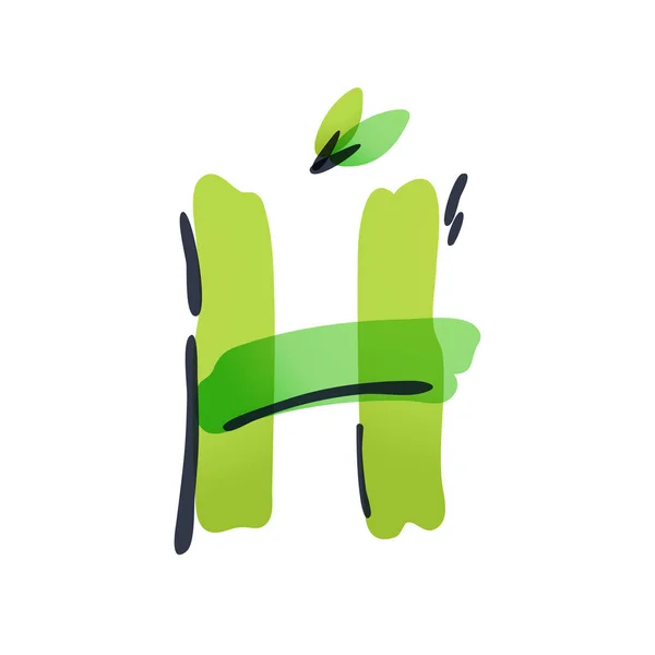 带有绿叶的H字母生态标识，用毛笔手写. — 图库矢量图片