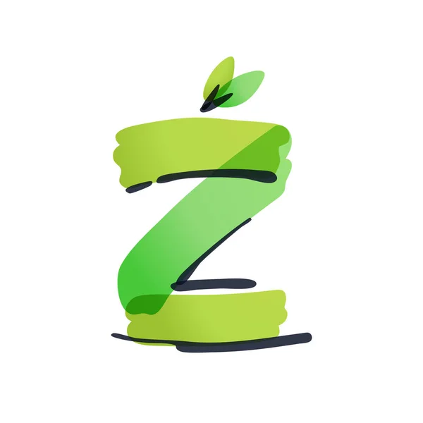Ekologické logo písmene Z se zelenými listy, ručně psané plstěným perem. — Stockový vektor