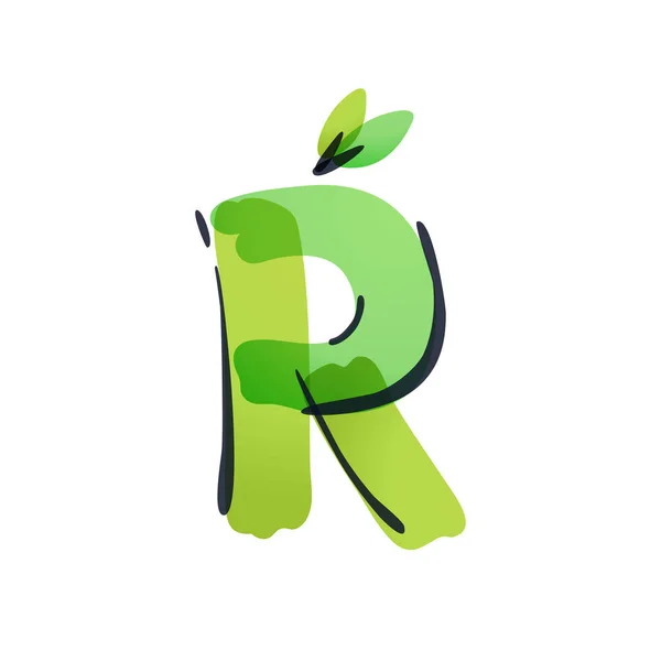 Logotipo ecológico de la letra R con hojas verdes escritas a mano con un rotulador . — Vector de stock