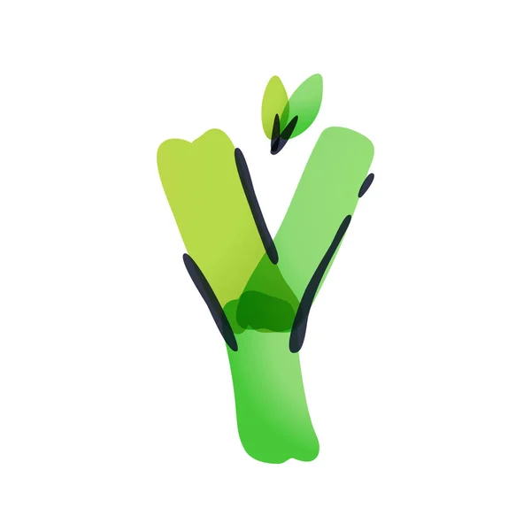 Y letter ecology logo with green leaves handwritten with a felt-tip pen. — Stock Vector