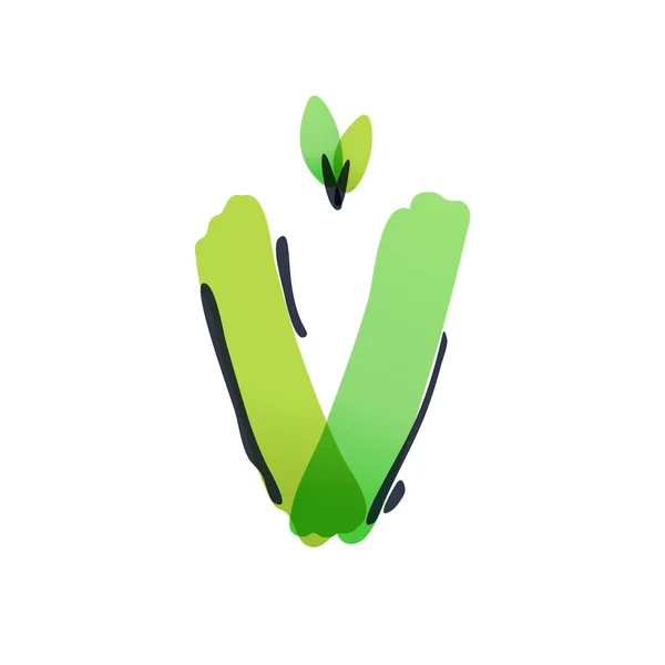 V letter ecology logo with green leaves handwritten with a felt-tip pen. — Stock Vector