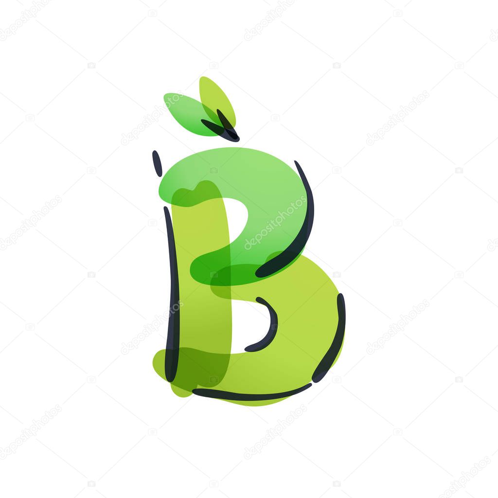 B letter ecology logo with green leaves handwritten with a felt-tip pen. 