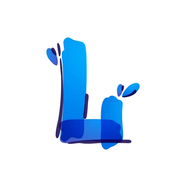L bokstav eco logotyp med blå vattendroppar handskriven med en filtspets penna. — Stock vektor
