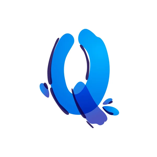 Q letter eco logo met blauwe waterdruppels handgeschreven met viltstift. — Stockvector