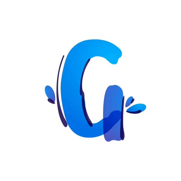 G litera eko logo z niebieskimi kroplami wody ręcznie pisane z końcówką filcu. — Wektor stockowy