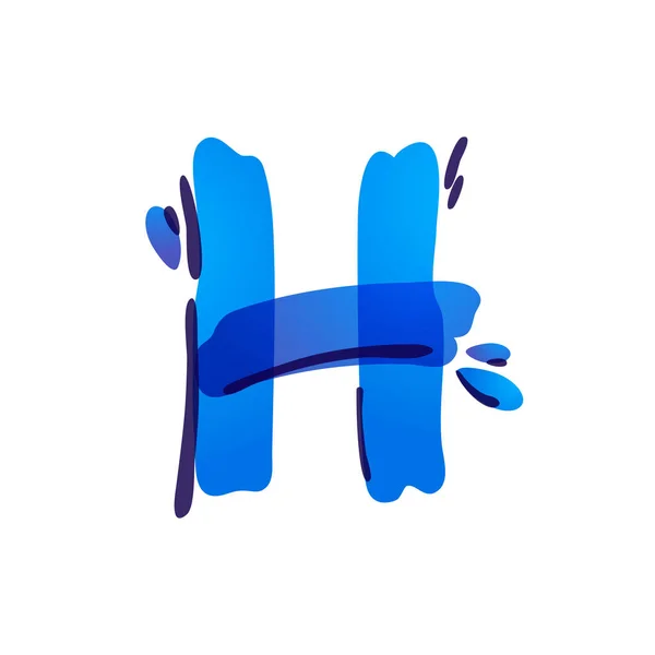 H lettre éco logo avec gouttes d'eau bleues manuscrites avec un stylo feutre . — Image vectorielle