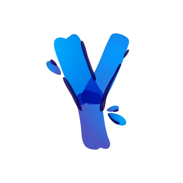 Y letra eco logotipo com gotas de água azul manuscrito com uma caneta de feltro . —  Vetores de Stock