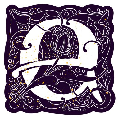 Süslü E harfinin grange altın desenli antik çizimi