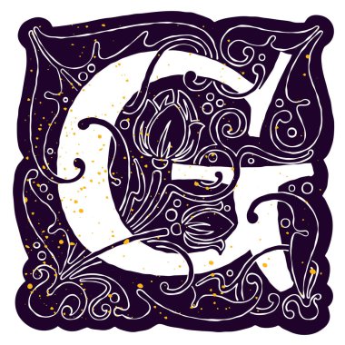 Süslü G harfinin altın desenli antik çizimi.