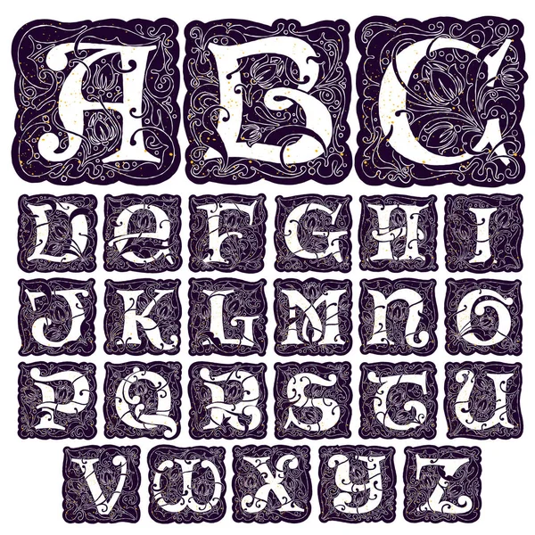 Ilustração antiga do alfabeto ornamentado com textura em ouro grange — Vetor de Stock