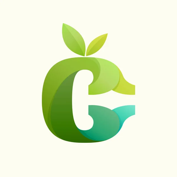 Swirling letter C logo with green leaves. — Stock Vector