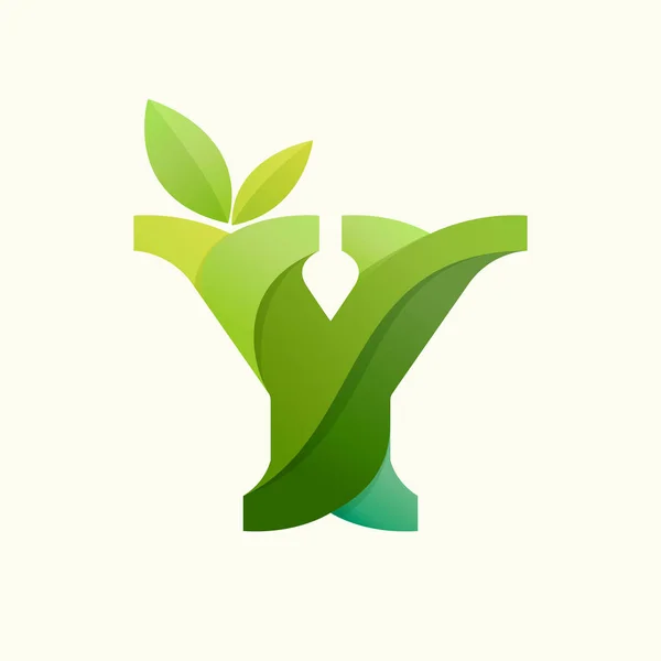 초록색 잎으로 Y 로고를 휘감고 있는 문자. — 스톡 벡터