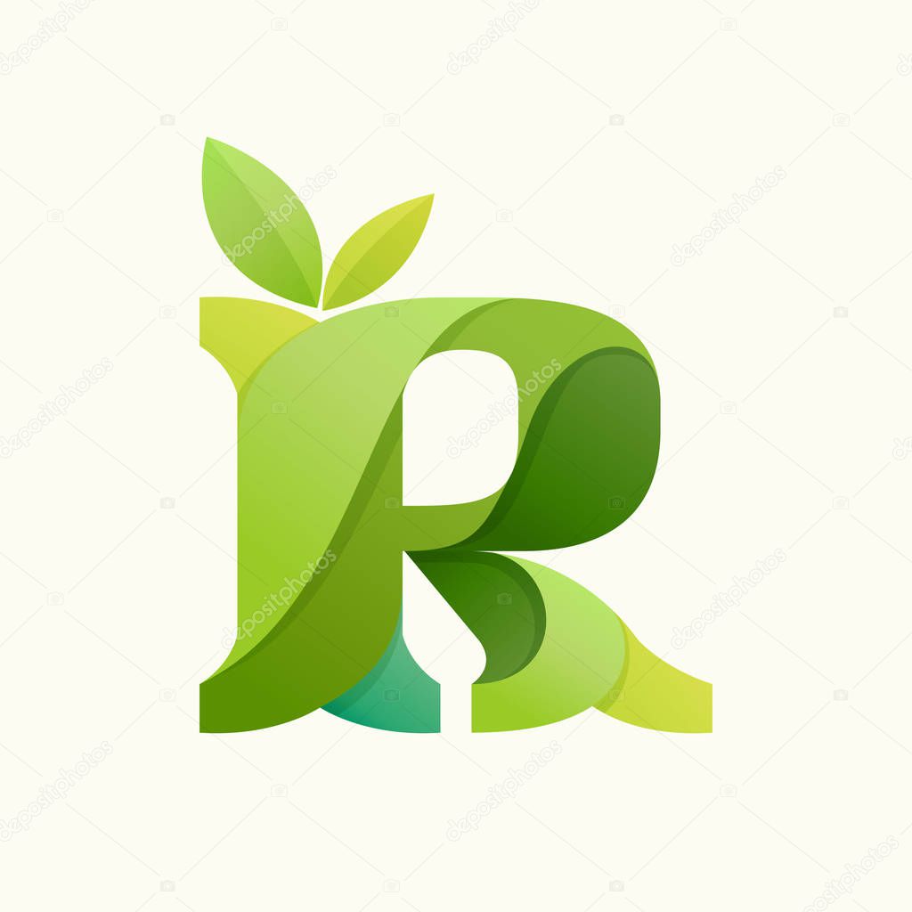 Swirling letter R logo with green leaves.