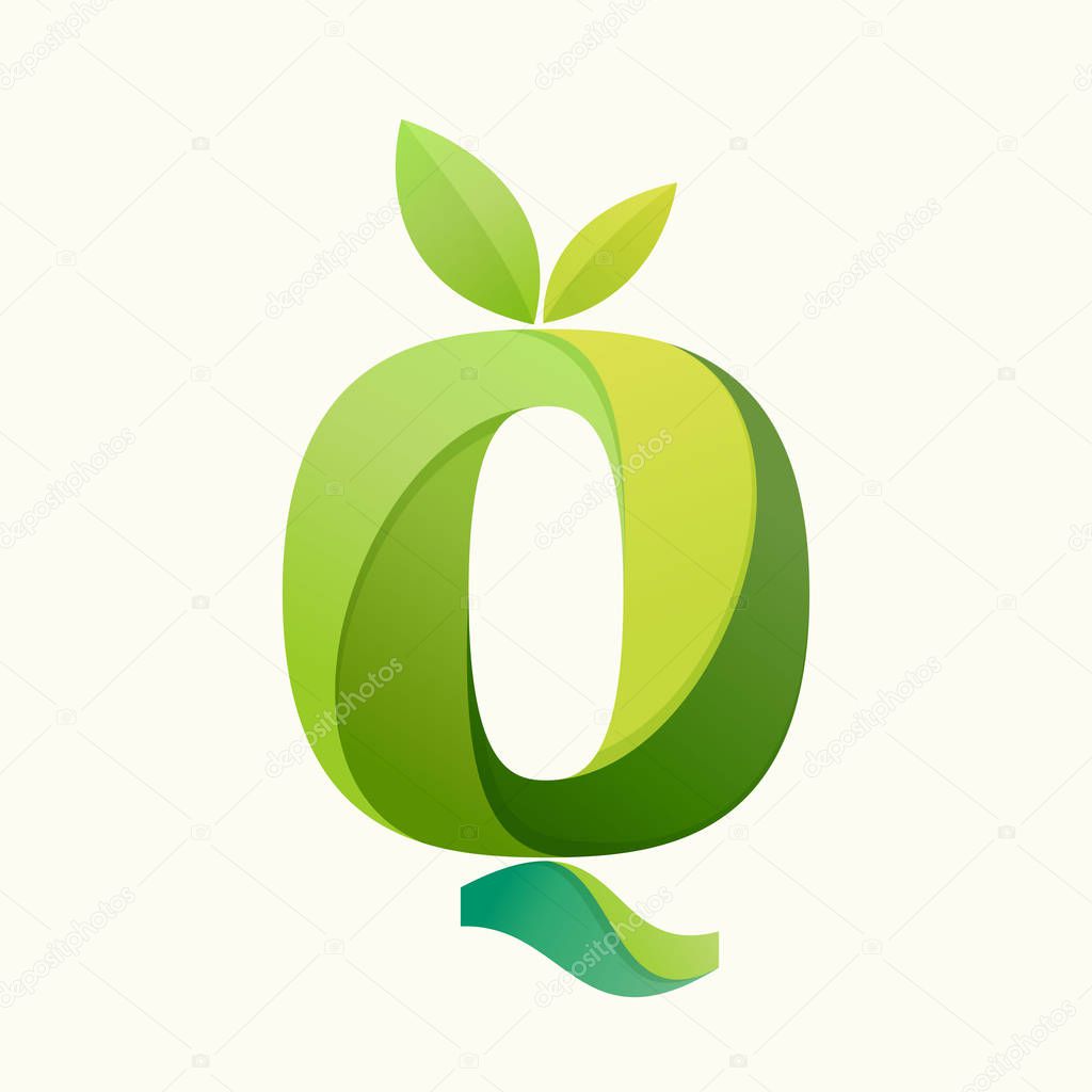 Swirling letter Q logo with green leaves.