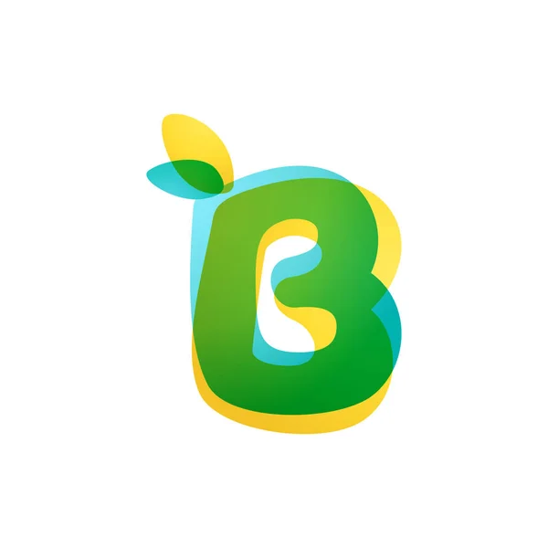 Logo eko huruf B. Fonta gradien yang tumpang tindih dengan daun hijau . - Stok Vektor