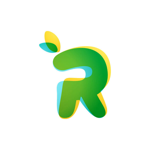 R letter eco logo. Перекрывающийся градиентный шрифт с зелеными листьями
.