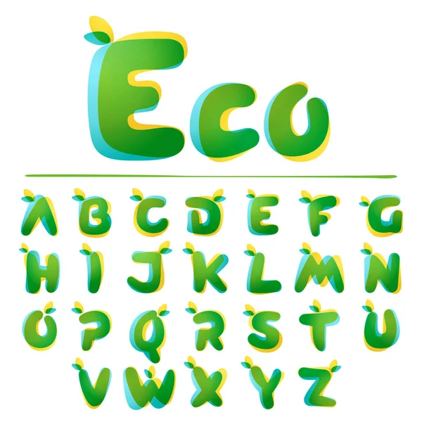 Alfabet ekologiczny. Zachodzące na siebie gradientowe czcionki z zielonymi liśćmi. — Wektor stockowy