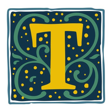Renksiz vintage renklerle Rönesans T harfi logosu.