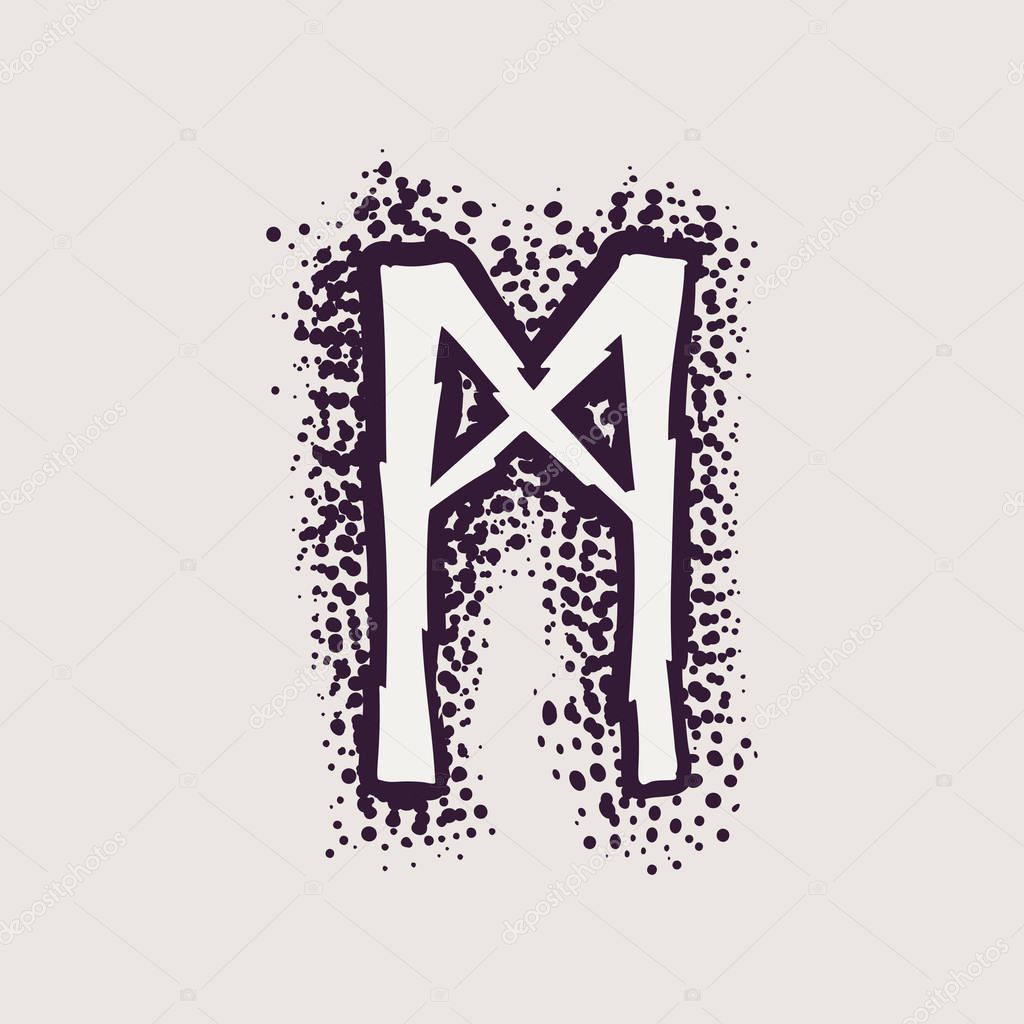 Letter M rune logo on the dots background.