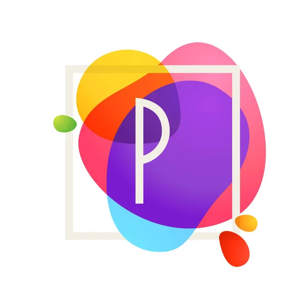 P letter logo in square frame at watercolor splash background. — Stock Vector