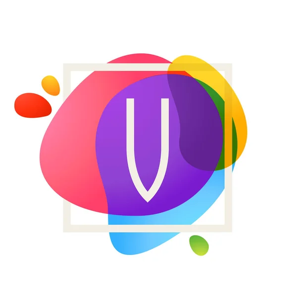 V letter logo in square frame at watercolor splash background. — Stock Vector