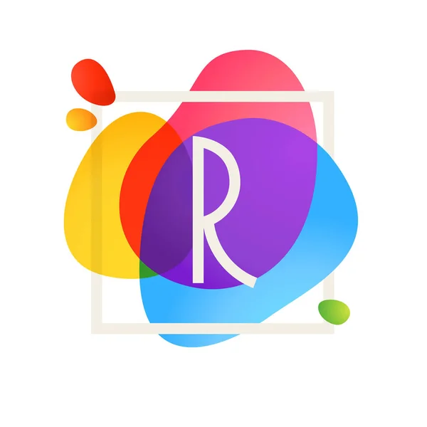 R letter logo in square frame at watercolor splash background. — Stock Vector