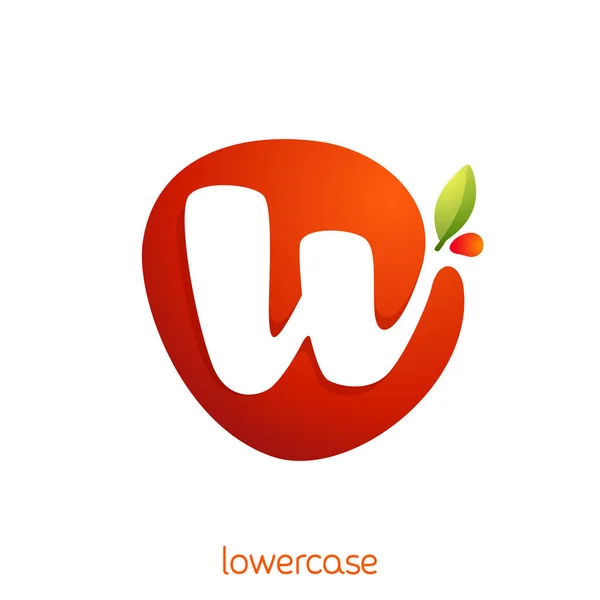 Lowercase letter w logo in fresh juice splash with green leaf. — 스톡 벡터