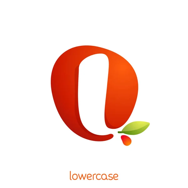 Lowercase letter l logo in fresh juice splash with green leaf. — 스톡 벡터