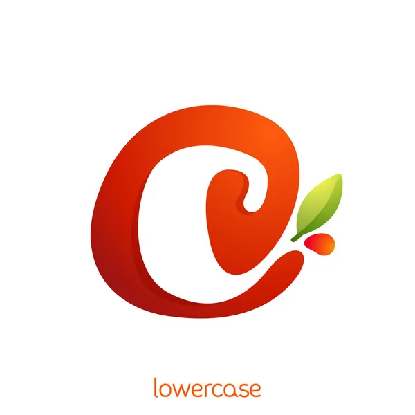 Lowercase letter c logo in fresh juice splash with green leaf. — ストックベクタ