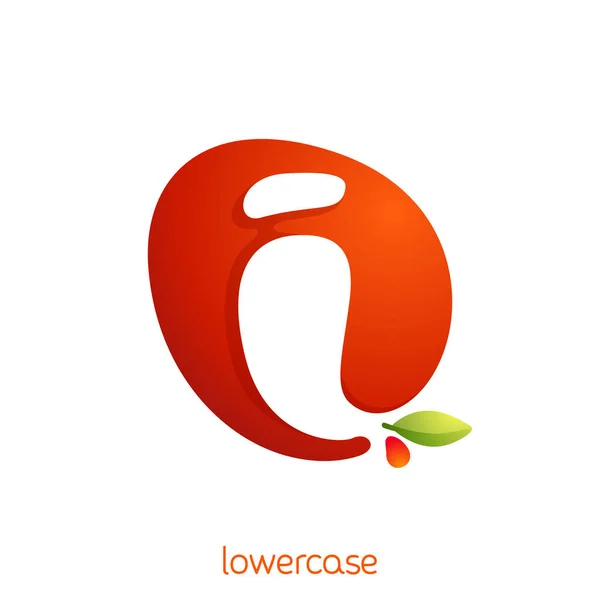 Lowercase letter i logo in fresh juice splash with green leaf. — ストックベクタ
