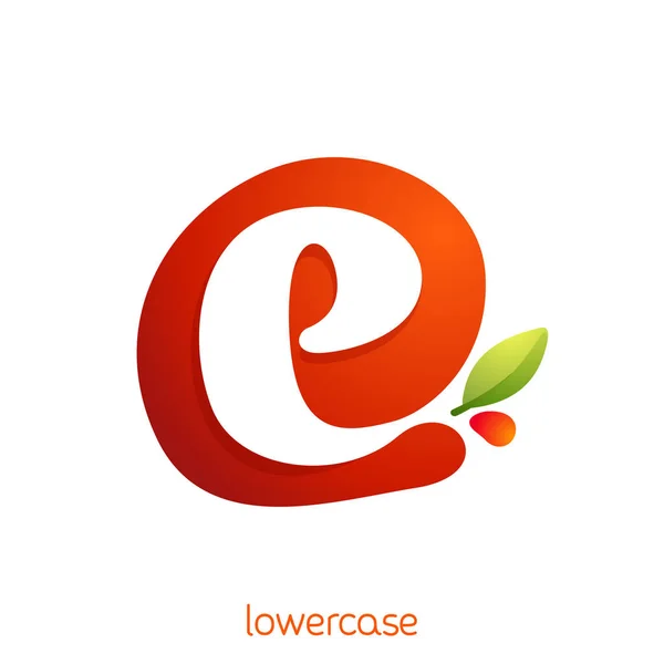 Lowercase letter e logo in fresh juice splash with green leaf. — ストックベクタ