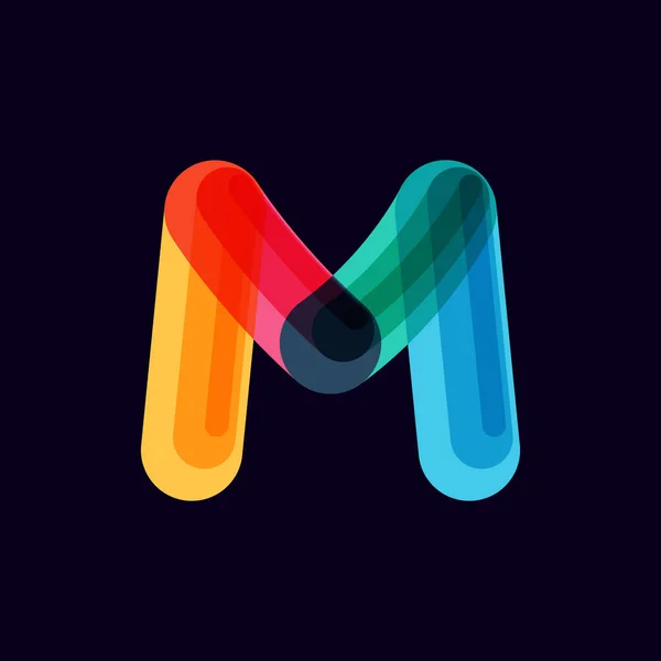 M letter levendige logo met overlappende lijnen op zwarte achtergrond. — Stockvector