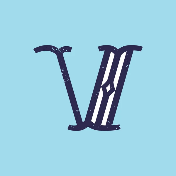 V betű logó lemez serif retro stílusban grunge textúrával. — Stock Vector