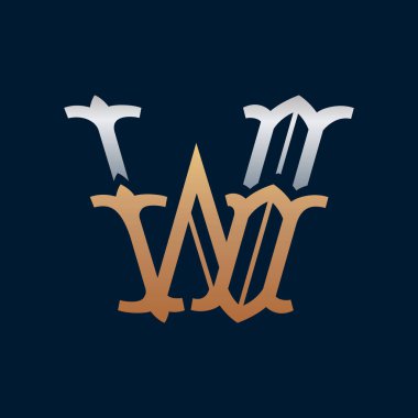 W harfi altın ve gümüş logo plaka serif retro stili.