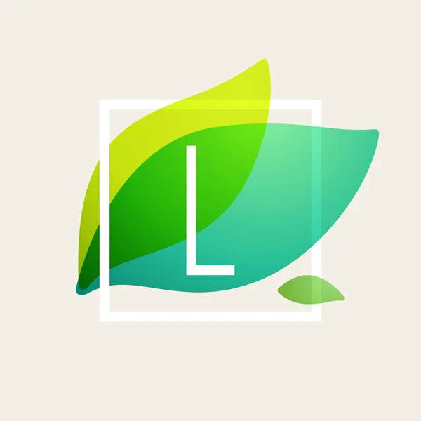 L letter logo in vierkante frame op groene bladeren aquarel backgro — Stockvector