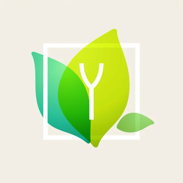 Логотип літери Y у квадратній рамці на зеленому листі акварельний фон — стоковий вектор