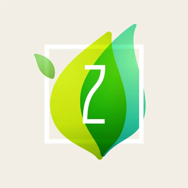 Z letter logo in vierkante frame op groene bladeren aquarel backgro — Stockvector