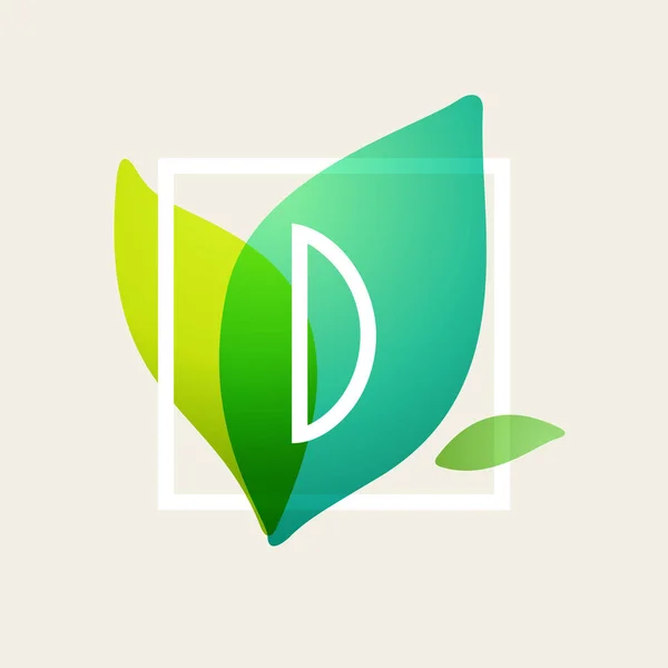 D letter logo in square frame at green leaves watercolor backgro — 스톡 벡터