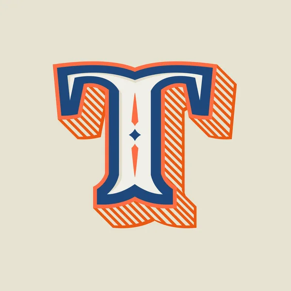 Logo litery T w stylu vintage western z cieniem w paski. — Wektor stockowy
