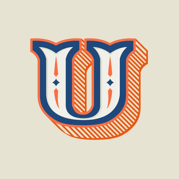 U letter logo in vintage western style with striped shadow. — 스톡 벡터