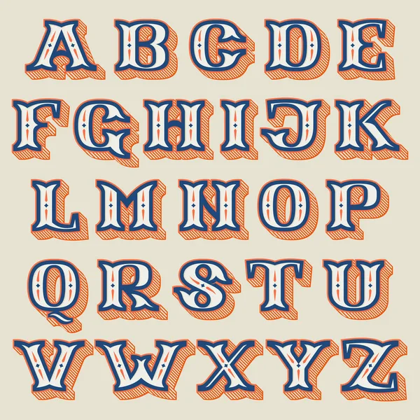 Alphabet in vintage western style with striped shadow. — 스톡 벡터