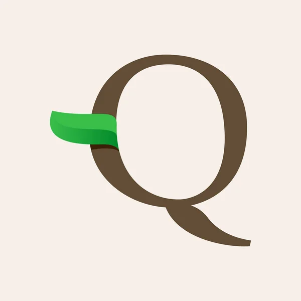 Ecology Q serif letter logo with green leaf. — 스톡 벡터