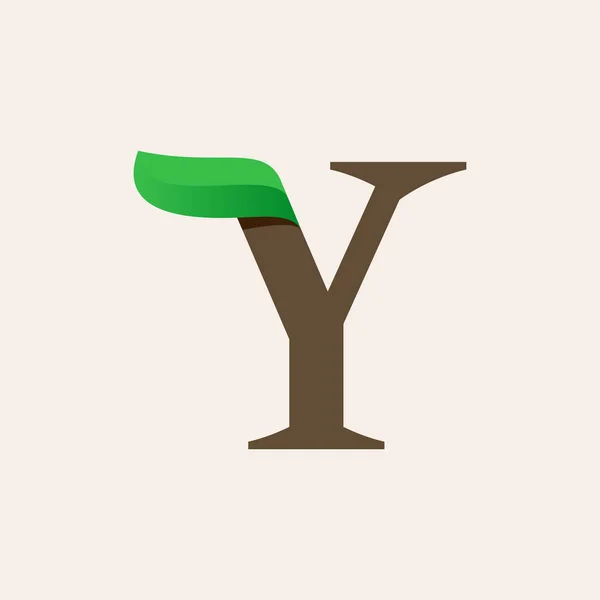 Ecology Y serif letter logo with green leaf. — 스톡 벡터