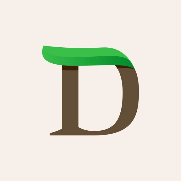 Ekologi D serif bokstav logotyp med gröna blad. — Stock vektor