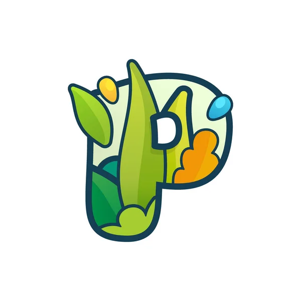 P γράμμα οικολογικό λογότυπο με πράσινα φύλλα και σταγόνες δροσιάς. — Διανυσματικό Αρχείο