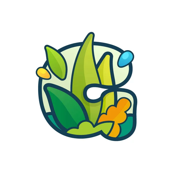 G litera eko logo z zielonymi liśćmi i kroplami rosy. — Wektor stockowy