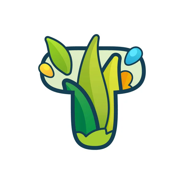 T letter eco logo with green leaves and dew drops. — 스톡 벡터