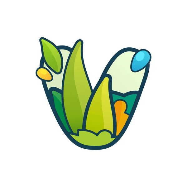 Logotipo ecológico V letra con hojas verdes y gotas de rocío . — Vector de stock